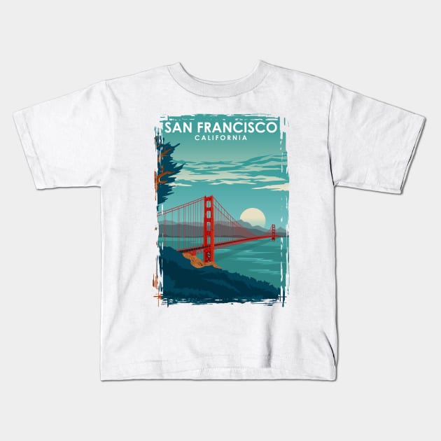San Francisco California Travel Poster Golden Gate Brigde Kids T-Shirt by jornvanhezik